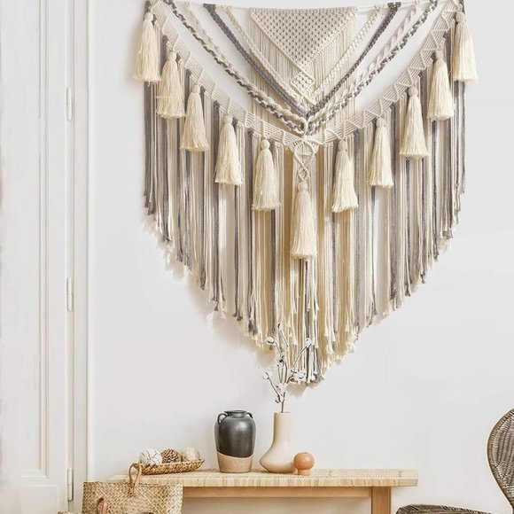 Boho Macrame Woven Handmade Craft Mid Century Modern Hanging Tassel Wall Decor - Picture 3 of 8